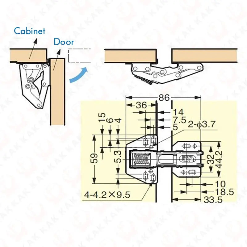 Simples Market KAK hydraulic cabinet hinge with soft-close damper for kitchen/RV doors, dimensional diagram.