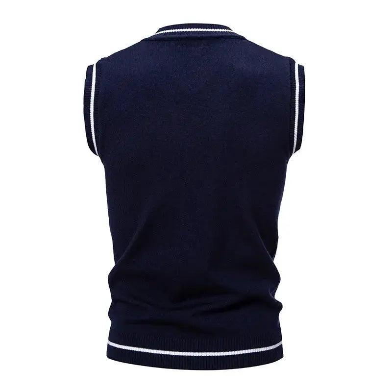 Men's navy knit sleeveless vest with white-striped trim and ribbed hem, slim fit