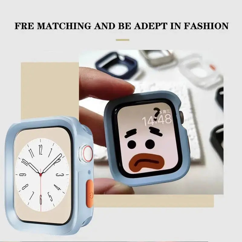 Simples Market blue silicone bumper case for Apple Watch; anti-drop matte cover for 41–49mm, shown on two watches