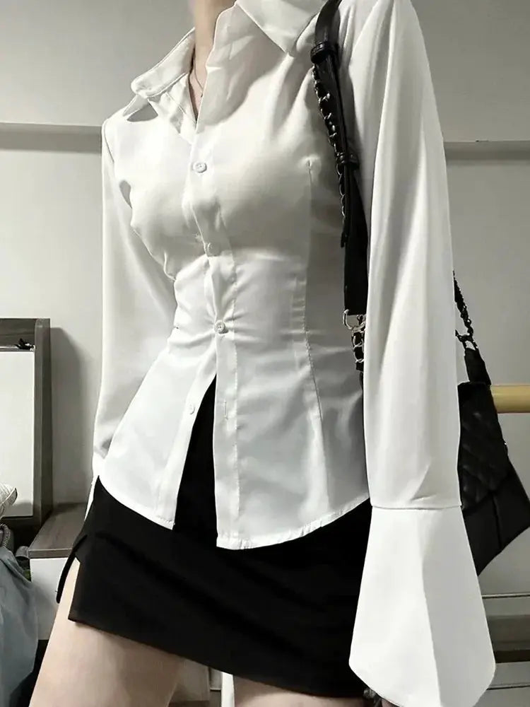 Women's white shirt with flared bell sleeves, lapel collar, button-front blouse