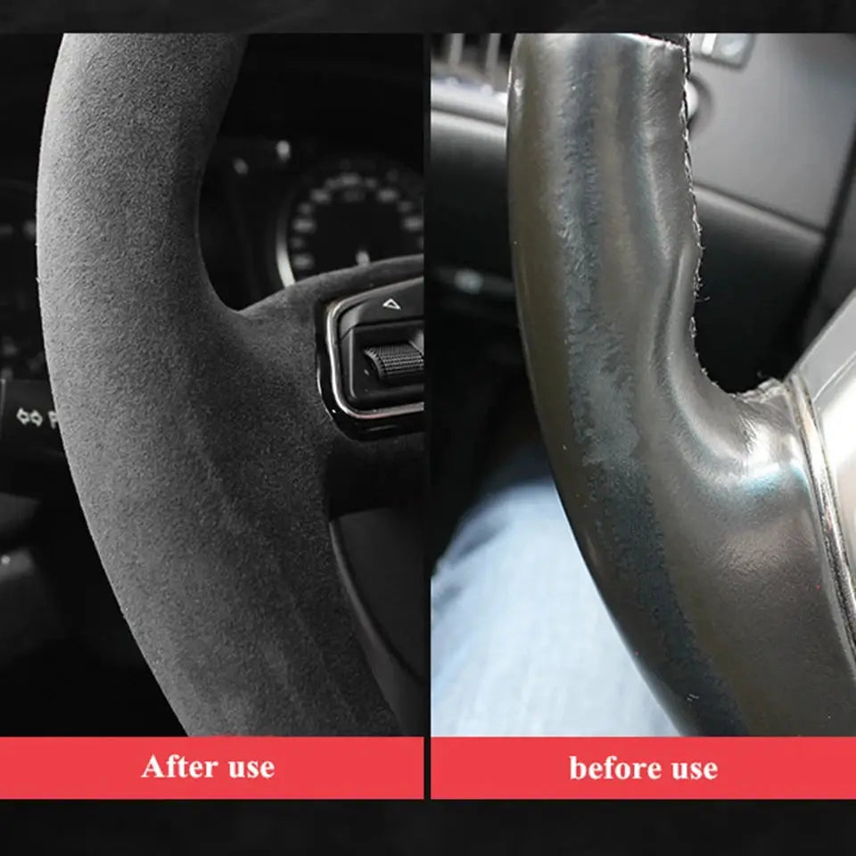 Simples Market suede steering wheel cover for Seat Leon 5F Mk3 and similar models, black braided grip; after vs before collage