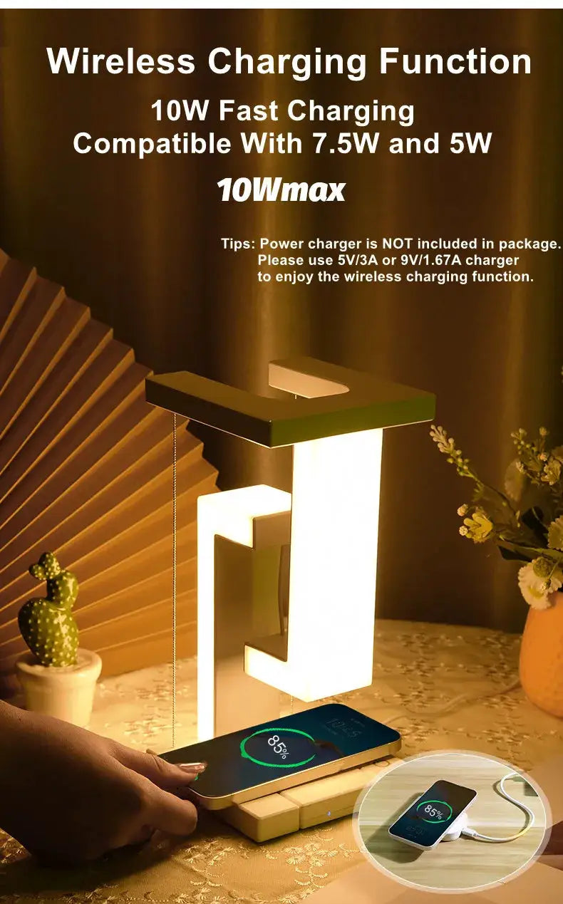Simples Market Novelty floating lamp with 10W wireless charger, white glow, bedroom/office decor