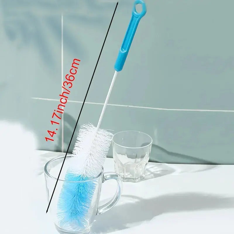Long-handle bottle brush and blue mug scrubber; two cleaning brushes by Simples Market
