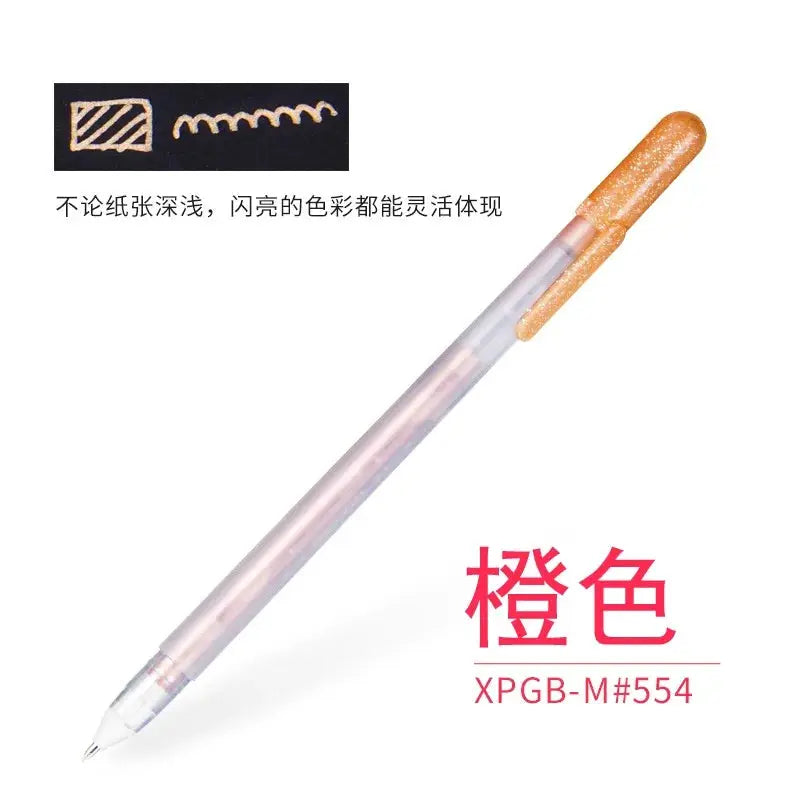 Sakura Gelly Roll orange gel pen by Simples Market, translucent pink barrel, orange glitter cap
