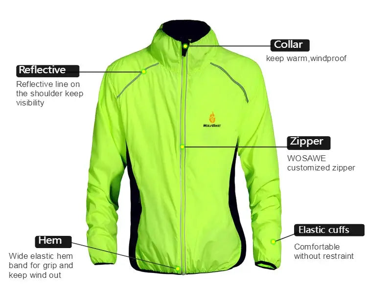 WOSAWE men's neon green windproof cycling jacket, water-repellent with reflective trim