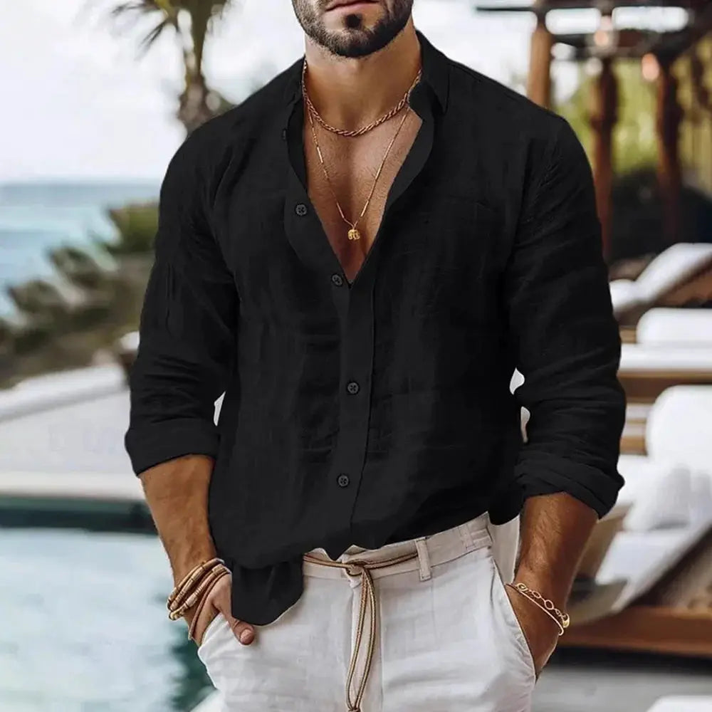 Cotton Linen Shirt for Men Breathable Summer Beach Style Solid Color Single Breasted Lightweight Button Front
