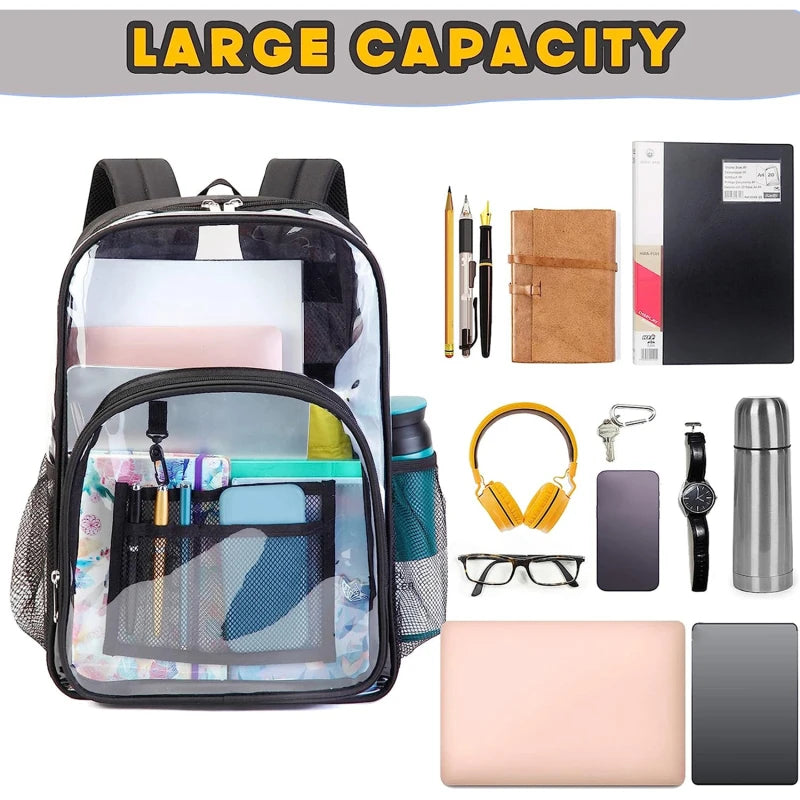 Backpack by Simples Market; large clear waterproof school bag with transparent panels and black trim