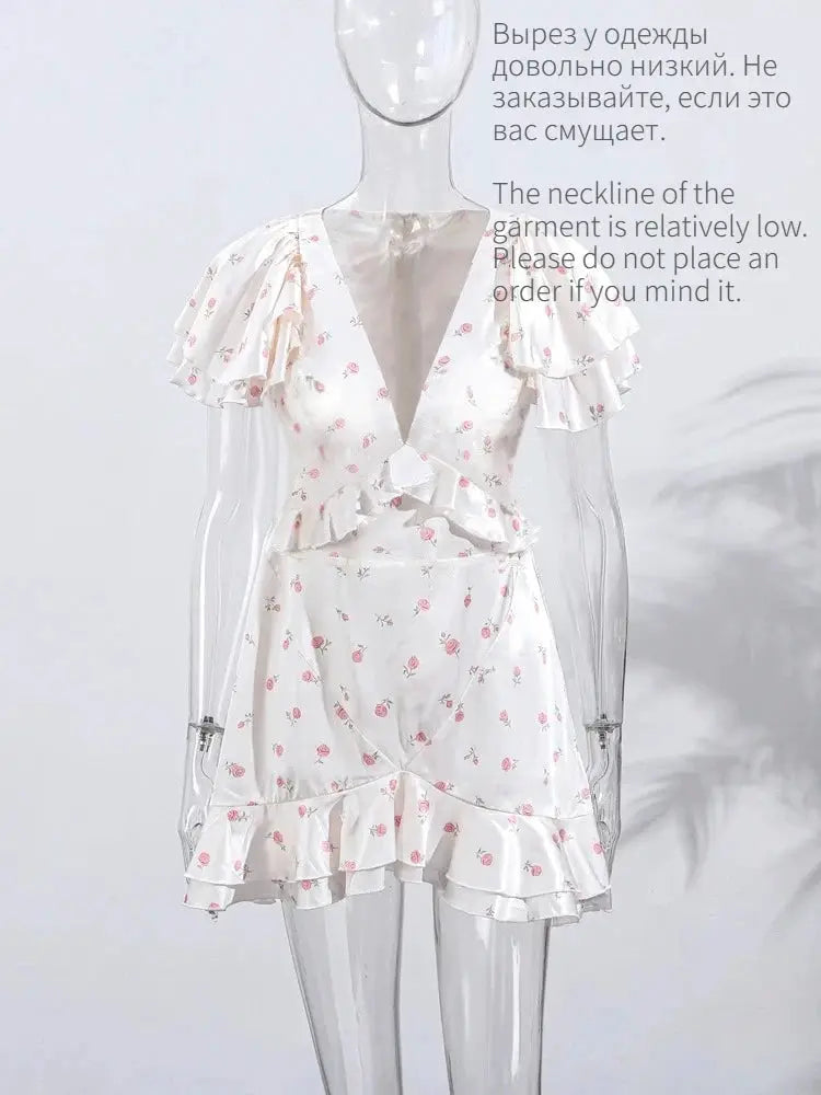 Women's 2026 Spring Summer Ruffled Floral Short Skirt Dress V Neck