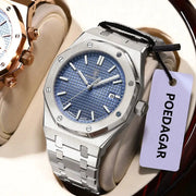 POEDAGAR stainless steel men’s watch with blue dial, date window, luminous hands; two watches visible, one rose-gold.