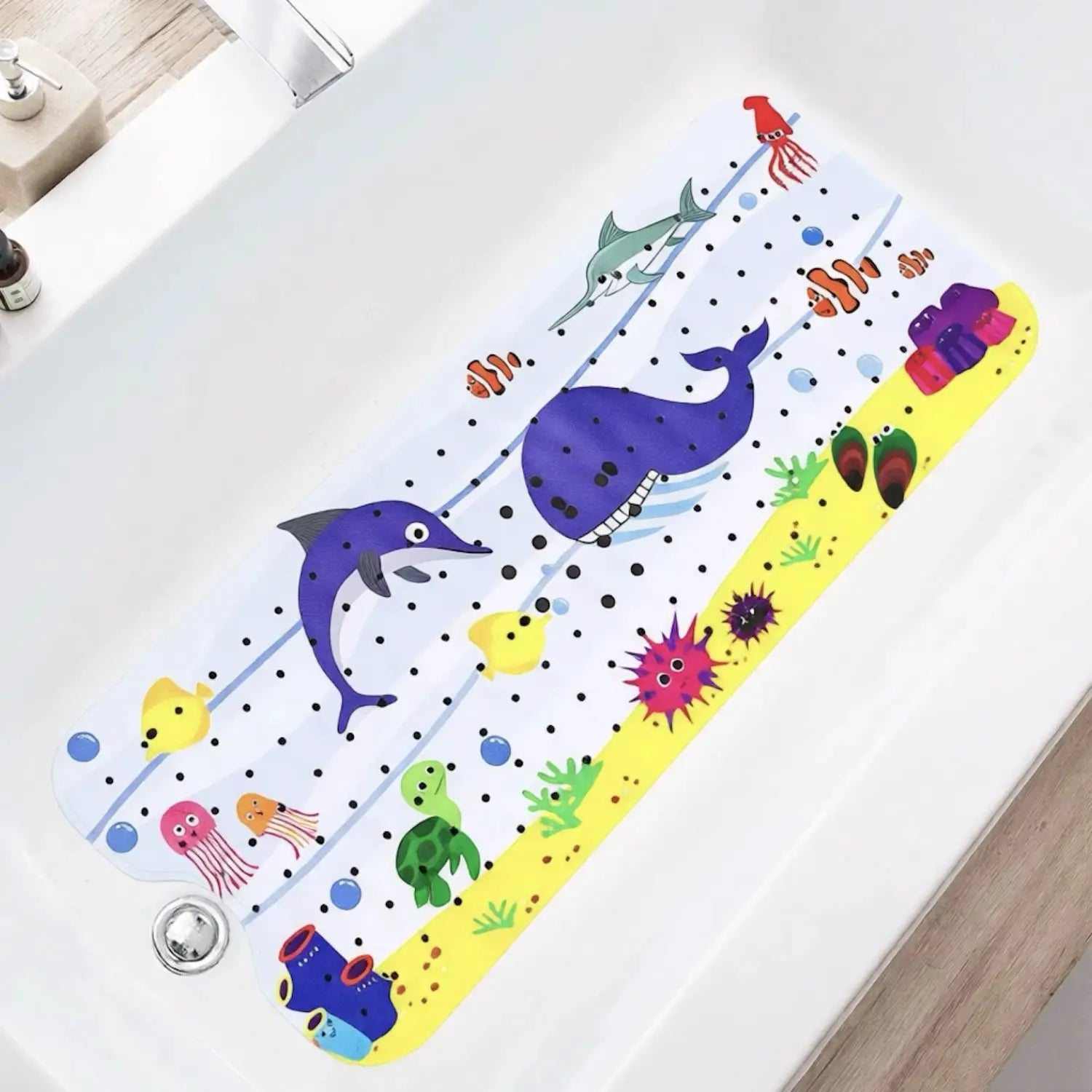 Cartoon extra-long bathtub mat 40x100cm with suction cups, colorful sea creatures design