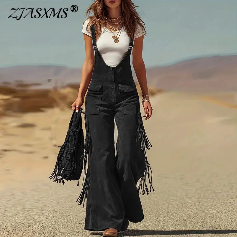 Simples Market suede strap-overalls with fringe tassels, black wide-leg overalls with button front