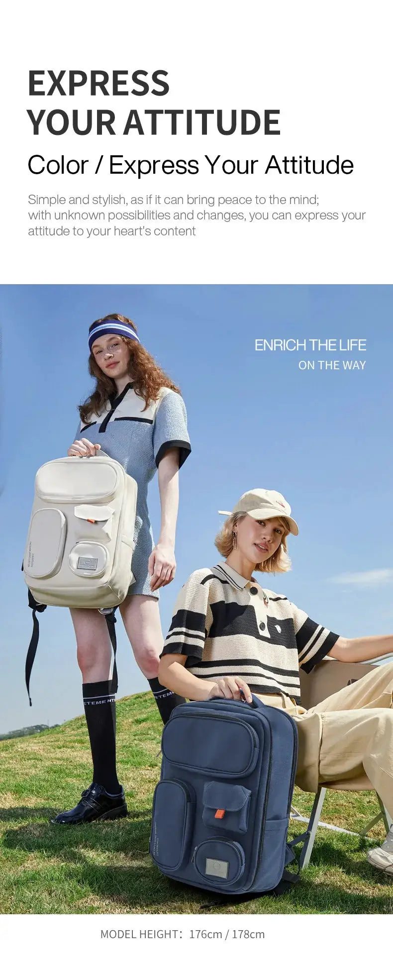 Two Mixi outdoor backpacks, cream/white and navy blue colors, waterproof 18-inch travel rucksacks by Simples Market