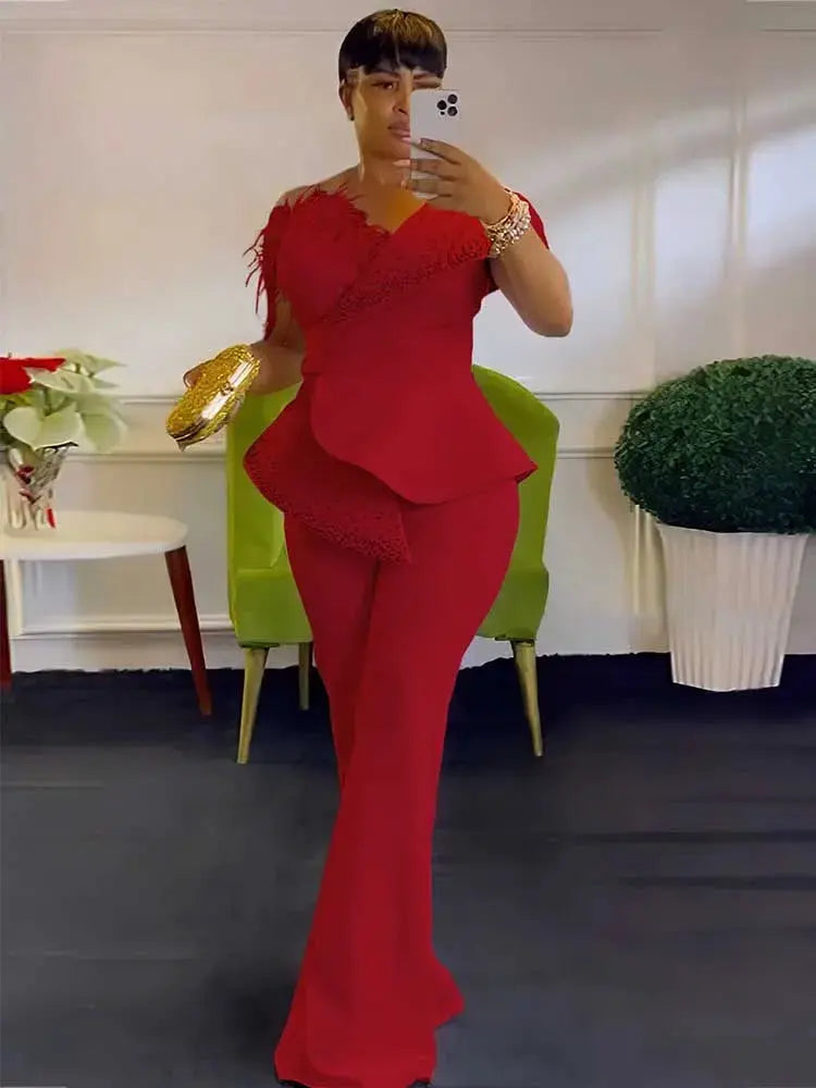 Simples Market red high-waist strapless jumpsuit with peplum flare for women, evening party wear