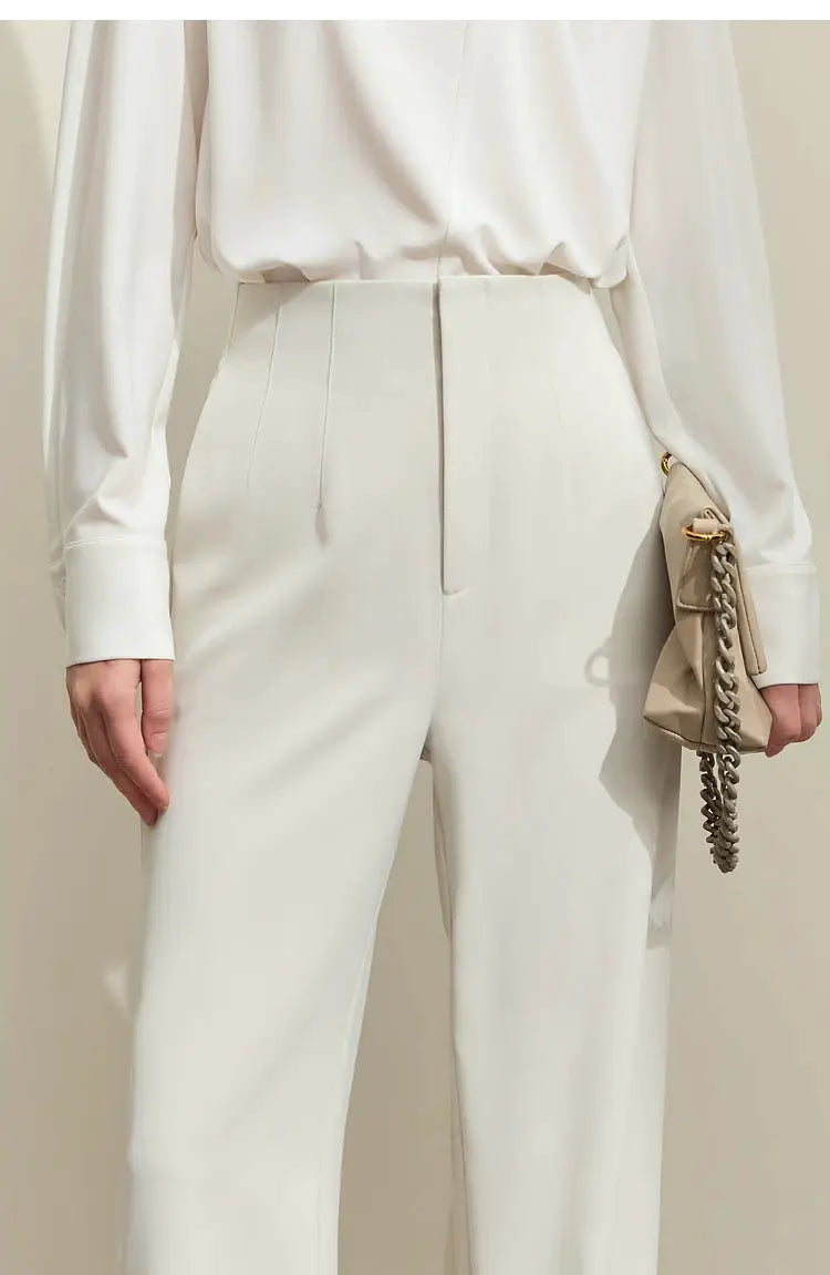 AMII Minimalism women's white high-waisted tailored pants with front creases