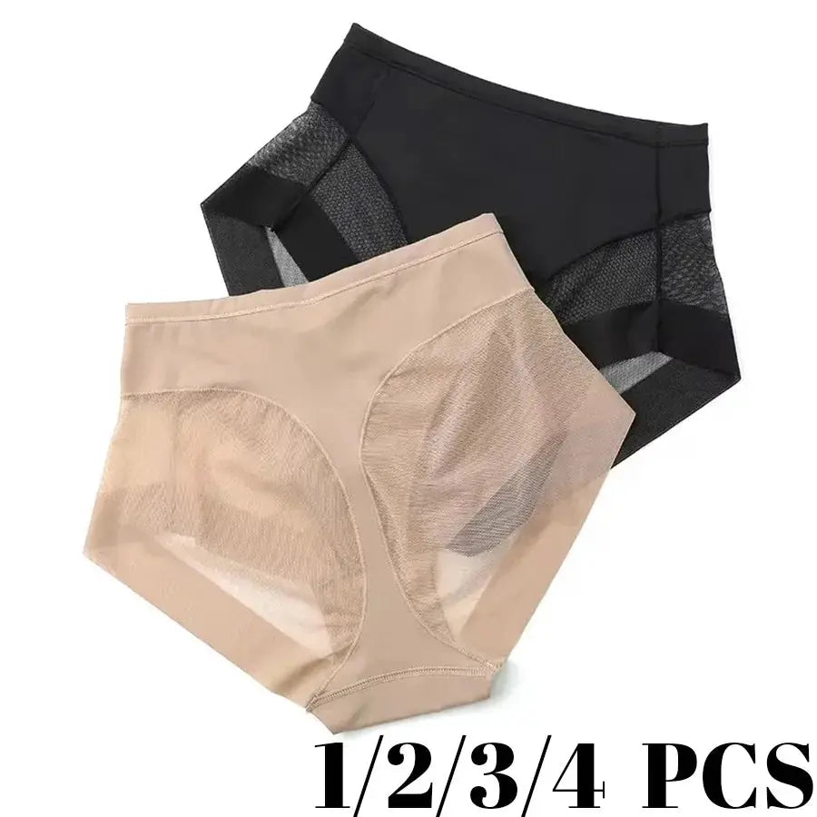 2-pack women's high-waist tummy-control shaping briefs with mesh panels in beige and black