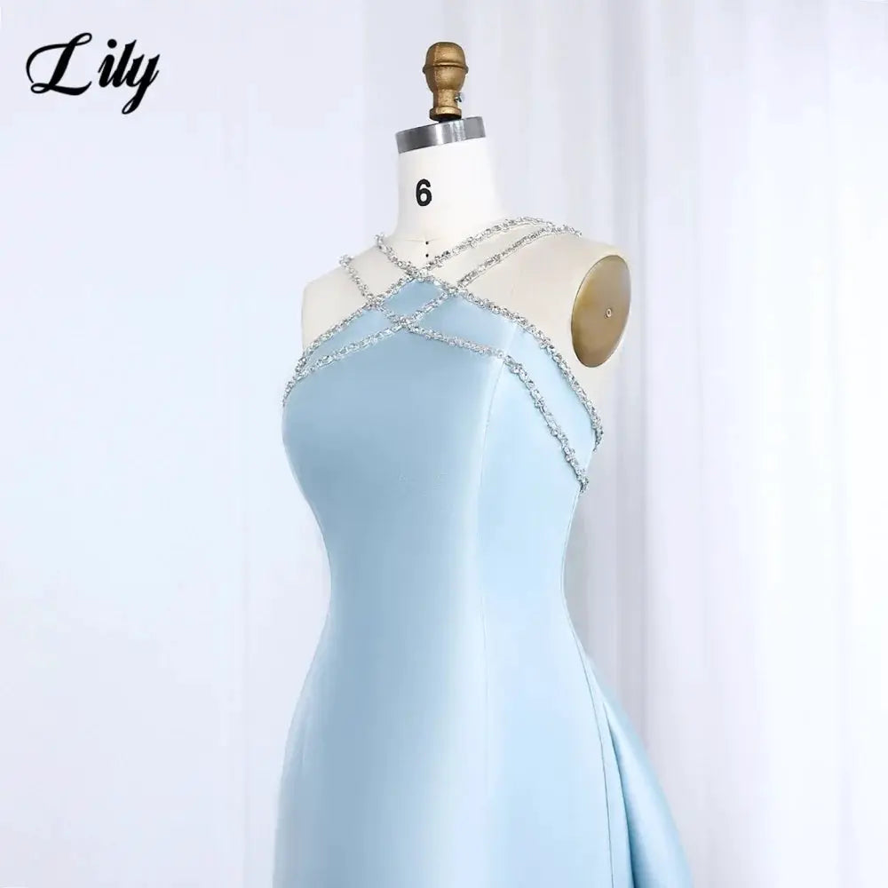 Lily Light Blue Prom Dress With Shiny Beading Halter Detachable Train