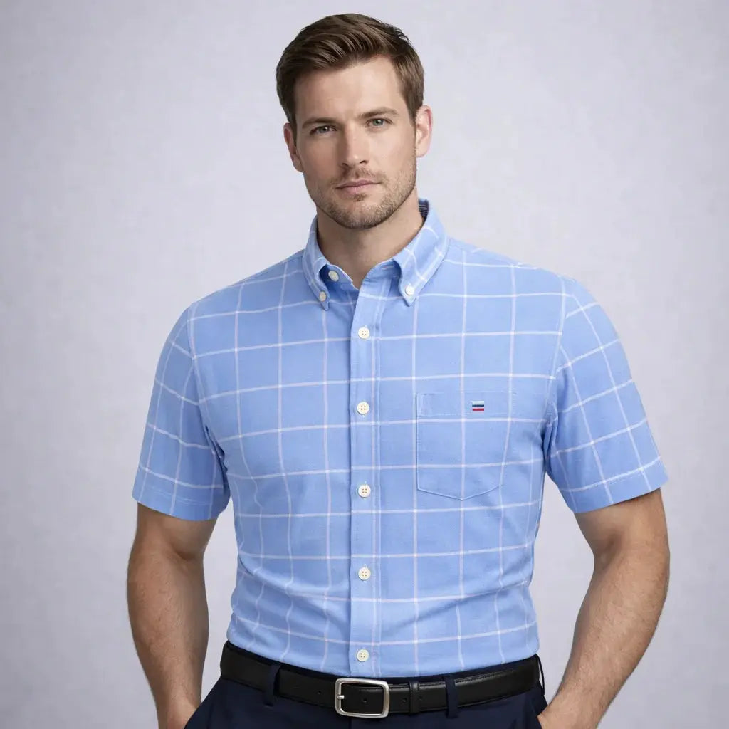 Men's light blue plaid oxford short-sleeve shirt, 100% cotton