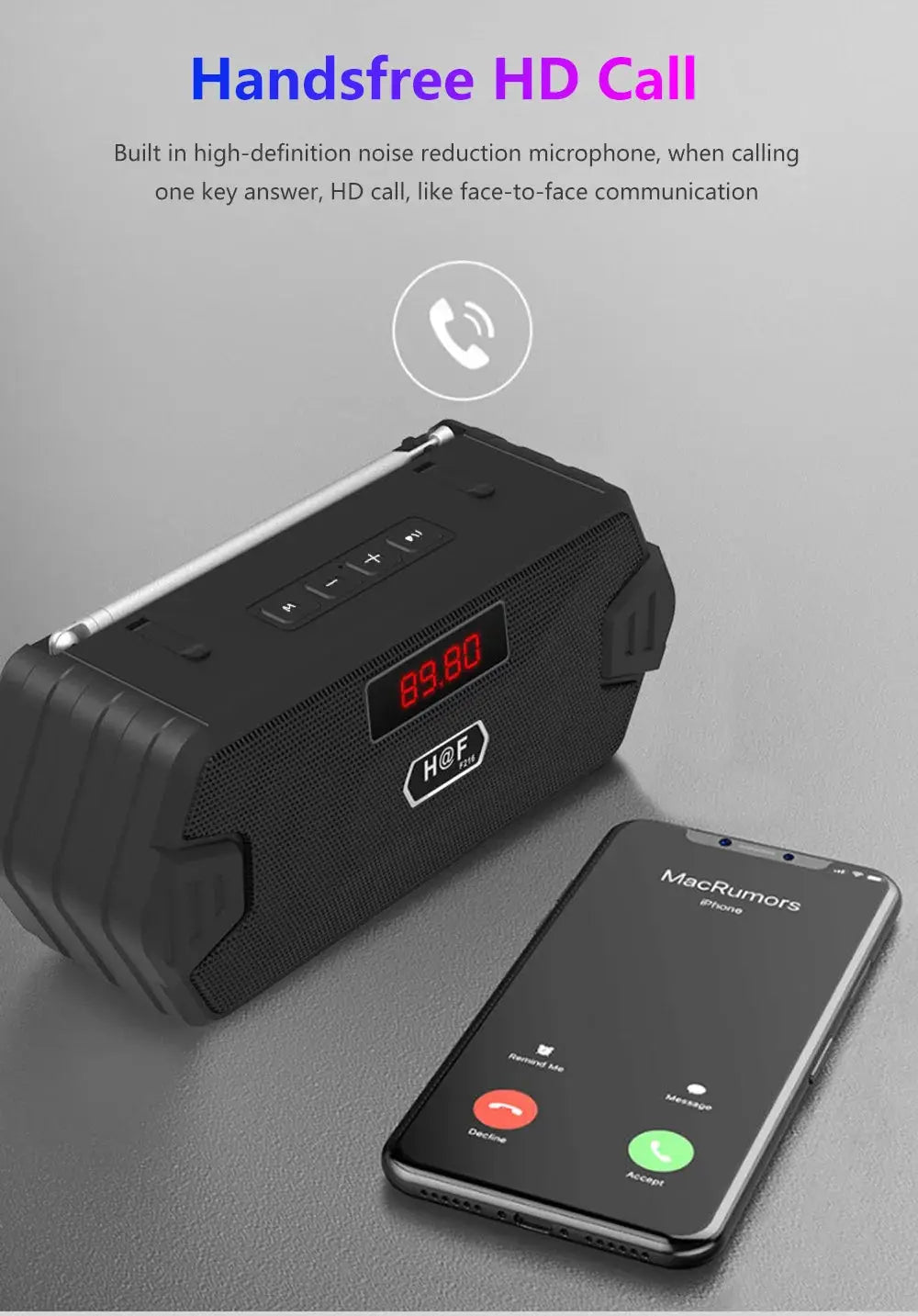 Bass Hifi outdoor portable Bluetooth speaker with FM radio, LED display, black rugged design