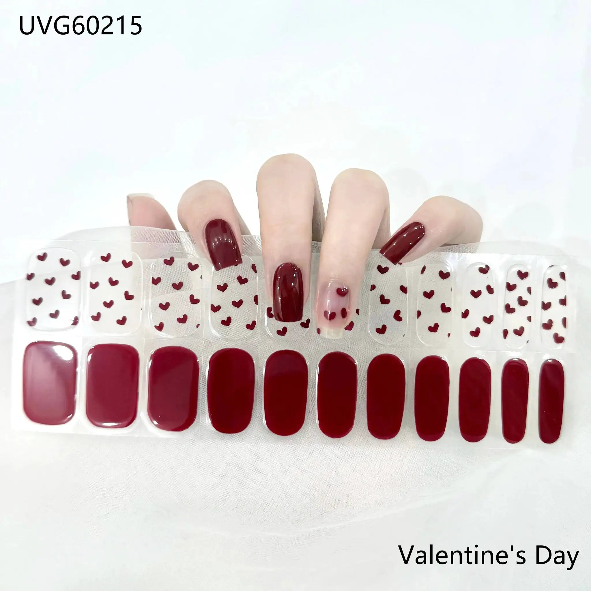 Simples Market gel nail wraps set, burgundy red full-cover stickers with heart-pattern backing for DIY manicure (16/20/22 tips)