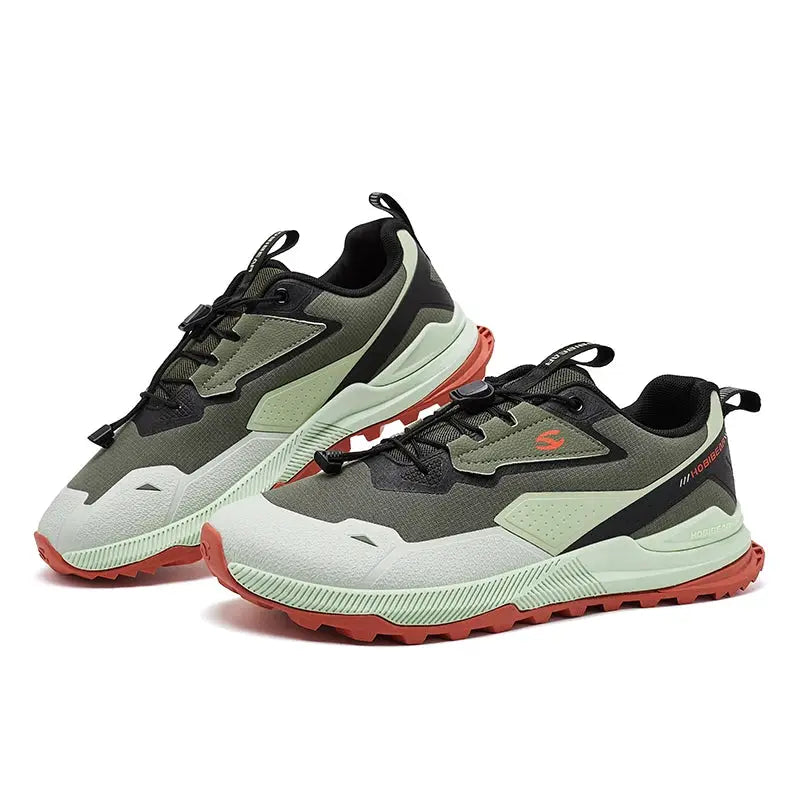 HOBIBEAR unisex hiking shoes, Simples Market, olive-green/black with coral outsole, lightweight breathable pair.