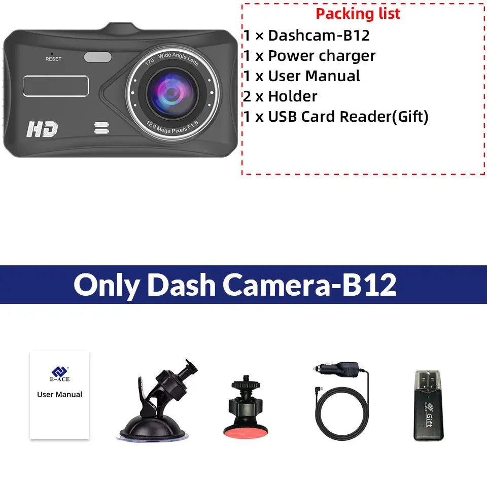 E-ACE B12 1080P car dash cam, black touchscreen with WDR and night vision; includes charger, mounts, USB card reader