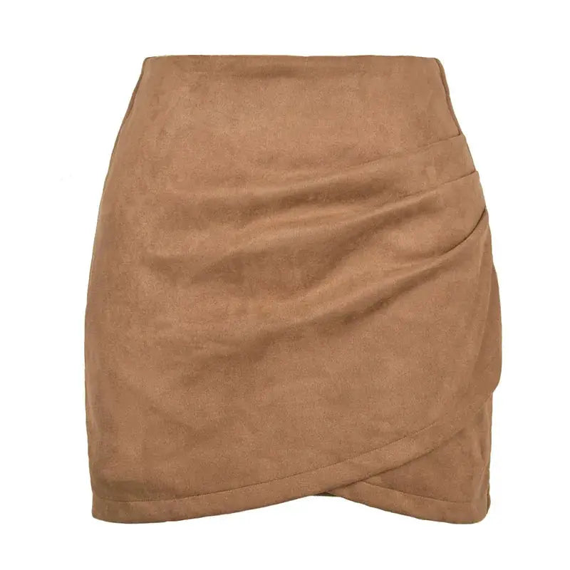 Suede mini skirt, camel brown, high-waisted wrap design, Simples Market