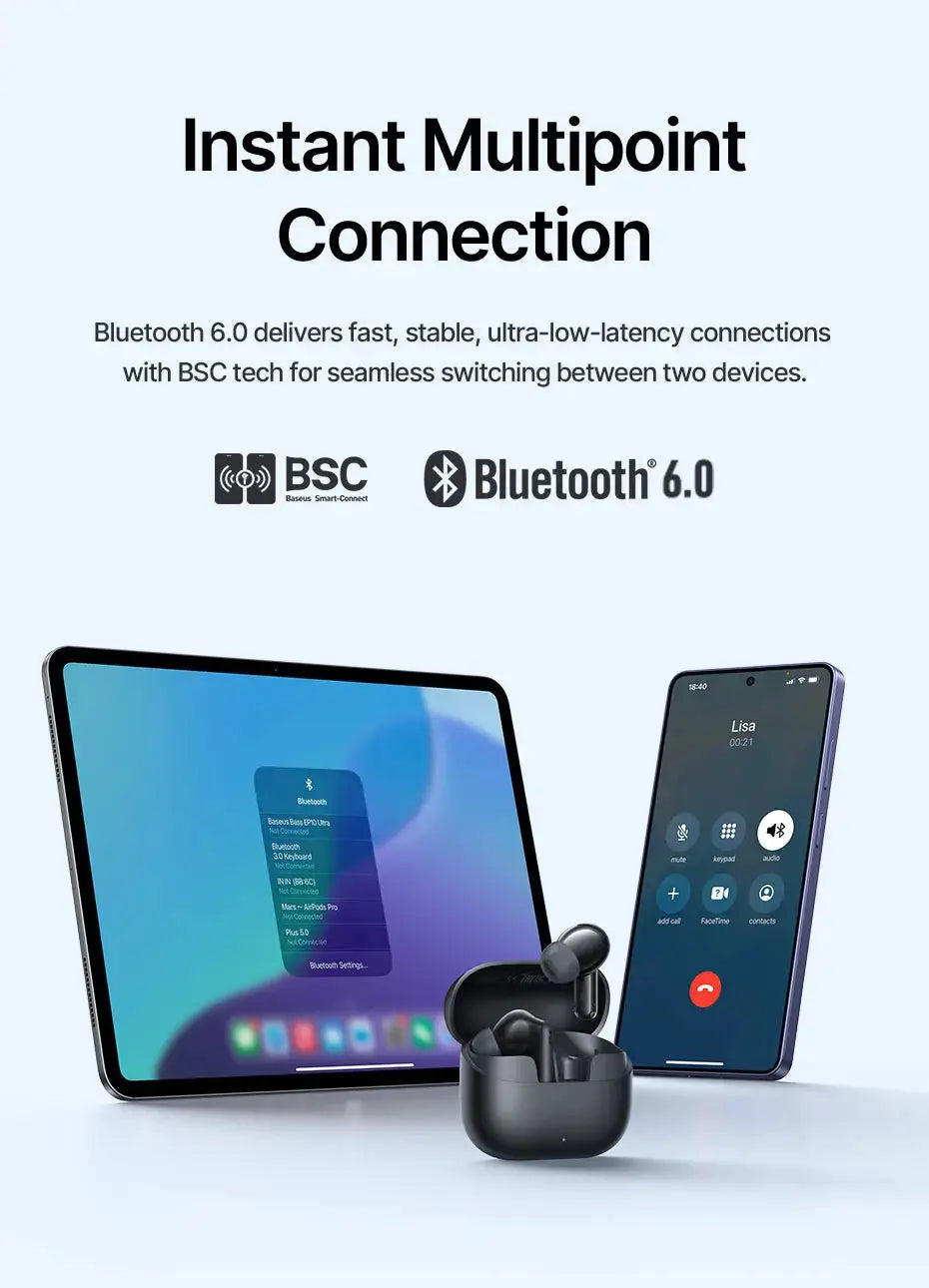 Baseus Bass EP10 Ultra wireless earphones in charging case; black earbuds with a tablet and smartphone display.