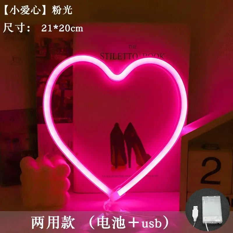 Heart-shaped pink neon sign for wall decor; USB or battery powered, 21×20 cm.