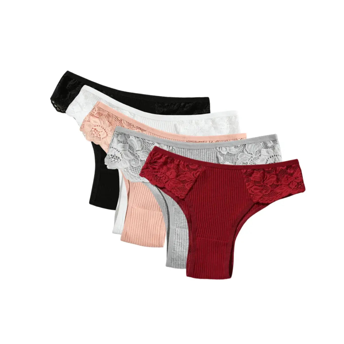 5-pack women's cotton rib panties with floral lace side panels in black, white, peach, gray, burgundy by Simples Market
