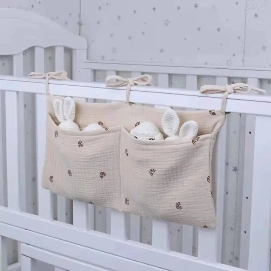 Two Pocket Baby Bedside Hanging Storage Bag Attaches to Crib Stroller Breathable Cotton Organizer for Diapers and Toys