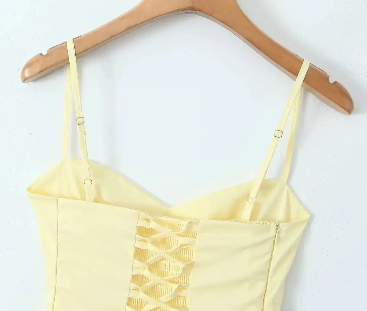 Yenkye Sexy Elegant Fishbone Waist Mini Dress Yellow Lace Up Back