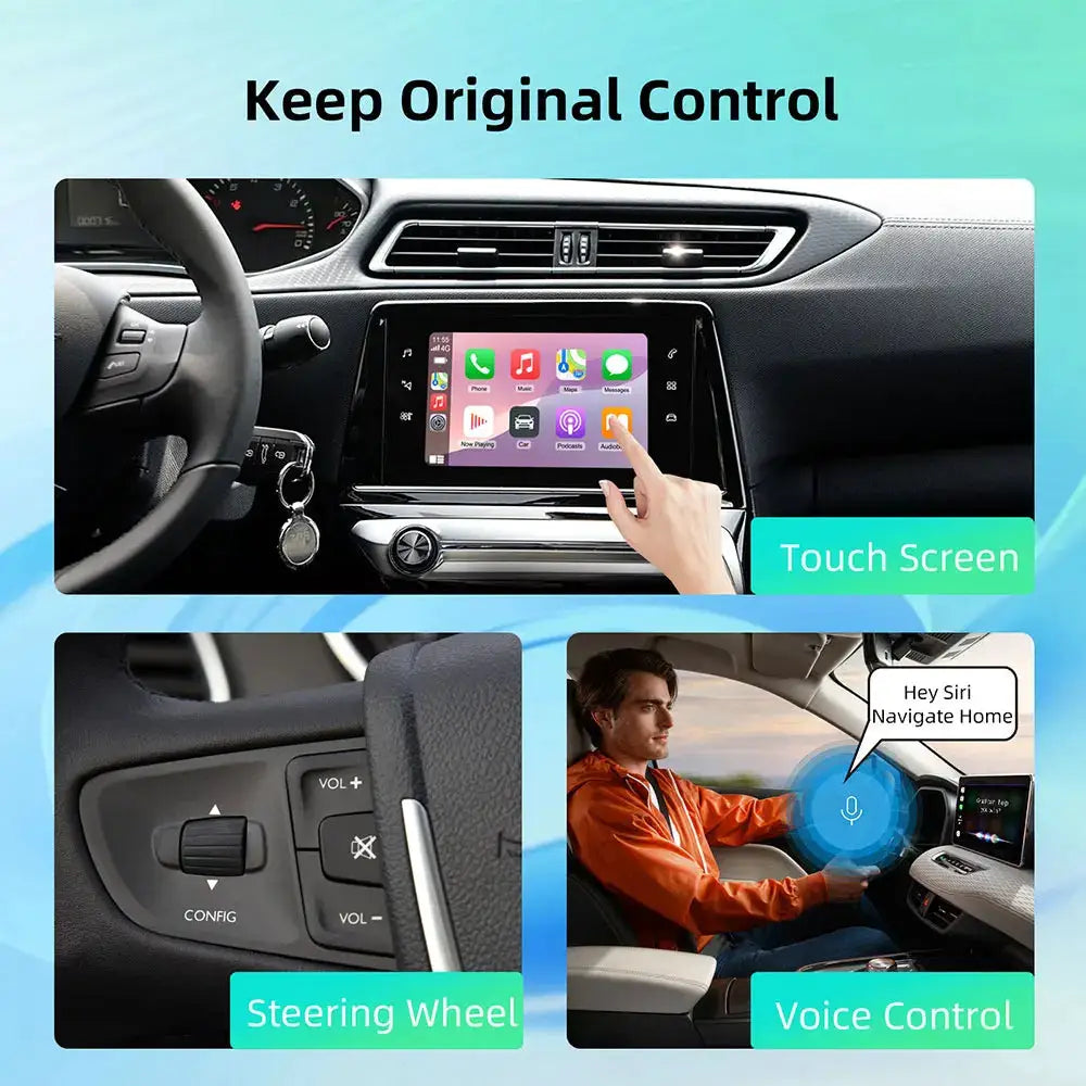 Wireless CarPlay/Android Auto head unit with touchscreen for Peugeot/Citroën, in-dash display.
