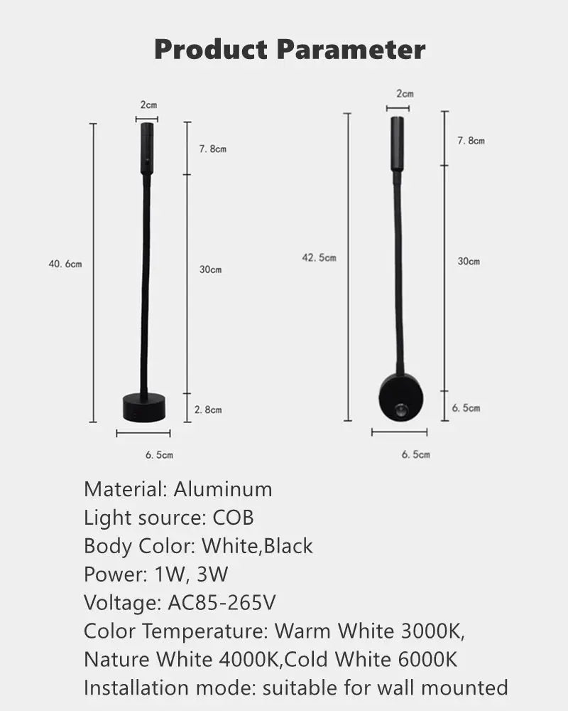 LED Flexible Hose Wall Lamp by Simples Market, aluminum body in white/black, 1W–3W COB, wall-mounted with switch