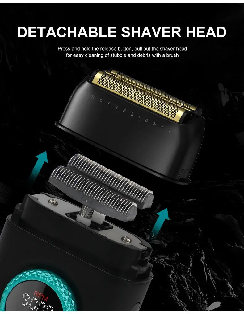 VGR high-end men's shaver by Simples Market with alloy body, detachable gold head, three blades and LED display