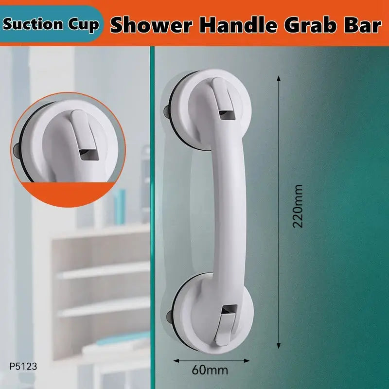 Shower handle grab bar with suction cups, white; 220mm tall and 60mm wide for bathroom showers.