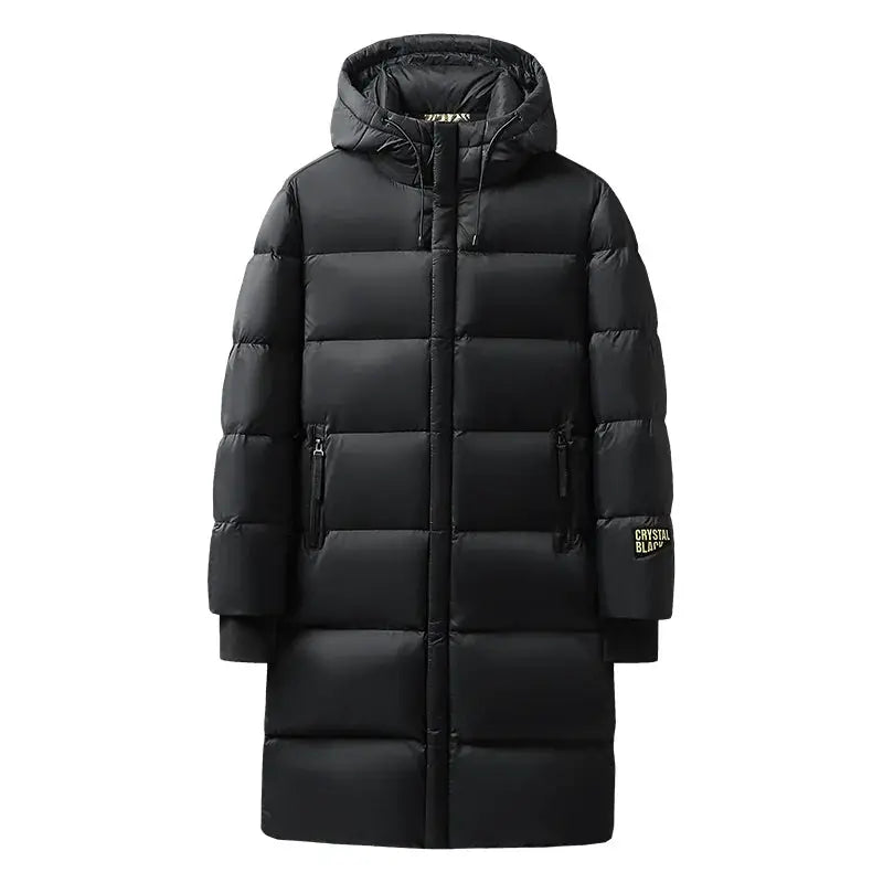 Men's long black down puffer jacket with hood, waterproof and warm.