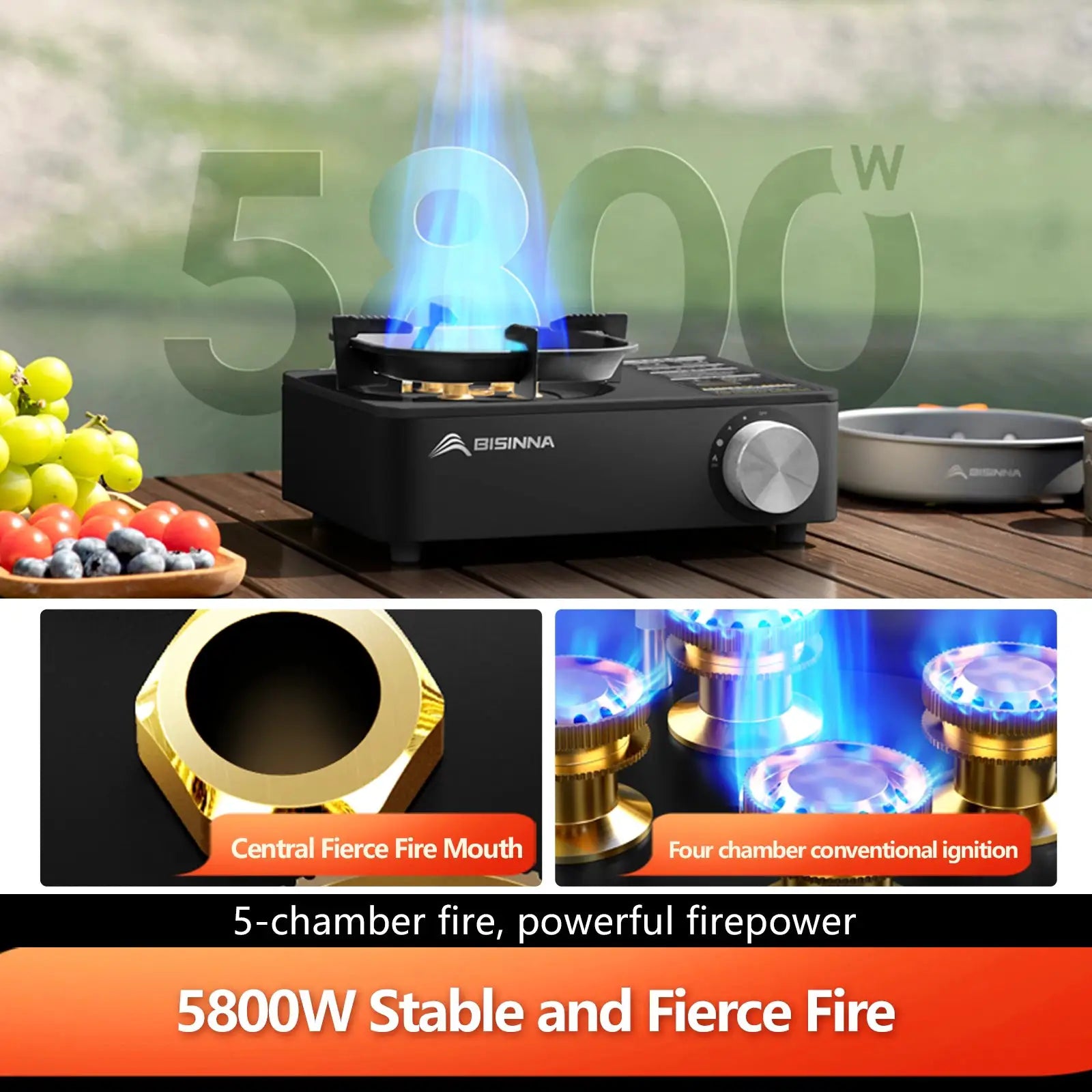 BISINNA camping gas stove, black portable 5800W burner with large control knob