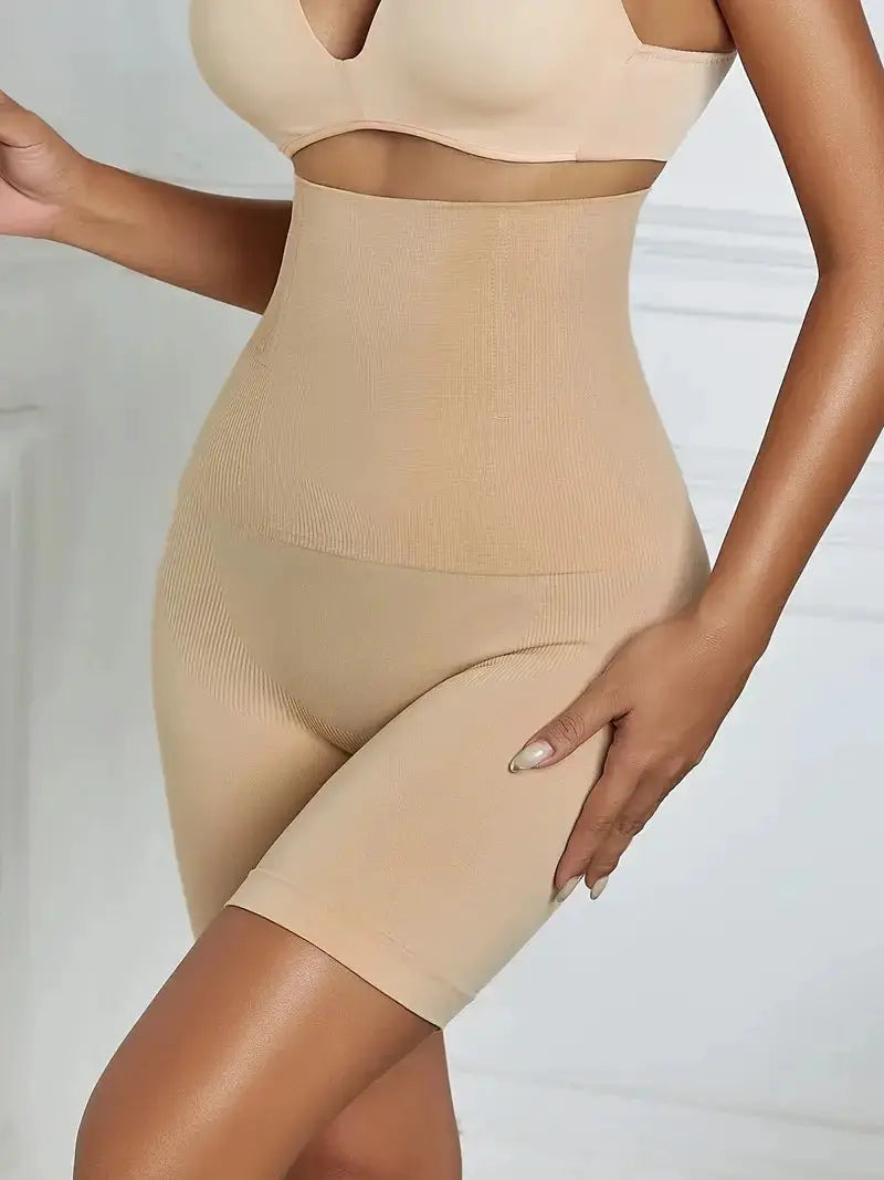 Nude beige high-waist shaping boyshorts with tummy control and butt lift.