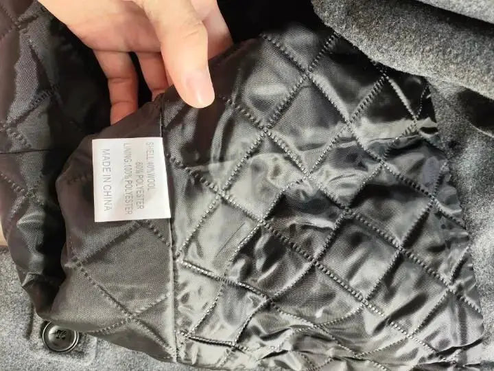 Men's double-breasted wool coat with quilted lining in dark gray