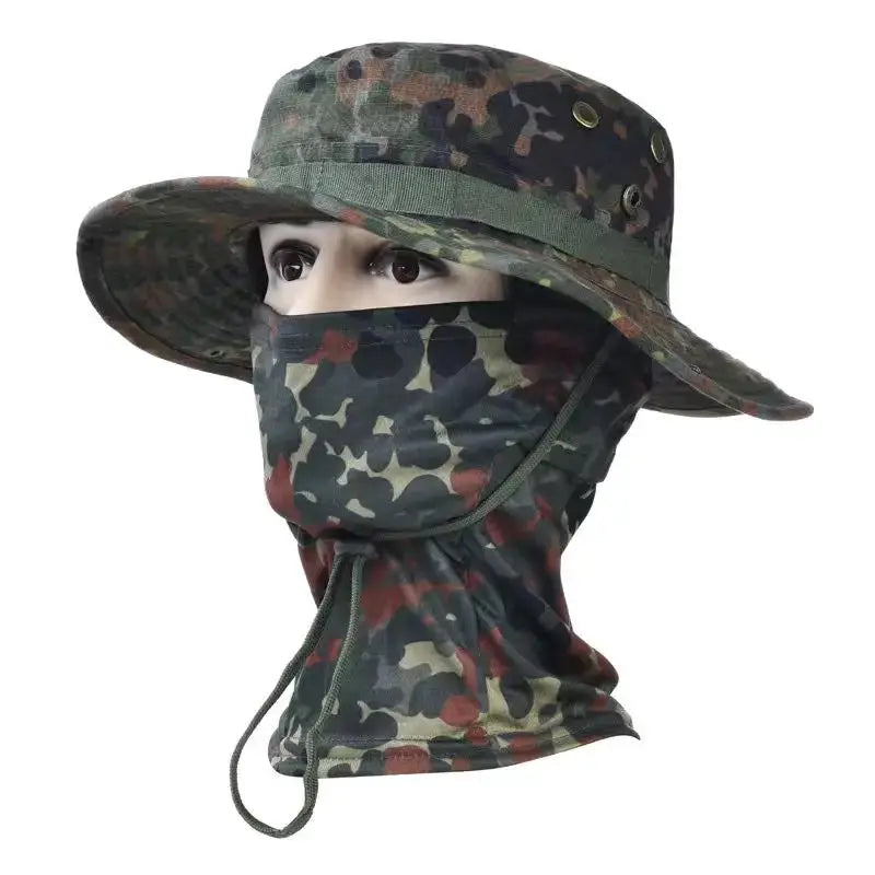Simples Market camouflage boonie hat with neck gaiter mask for outdoor hiking, UV protection, adjustable drawstring