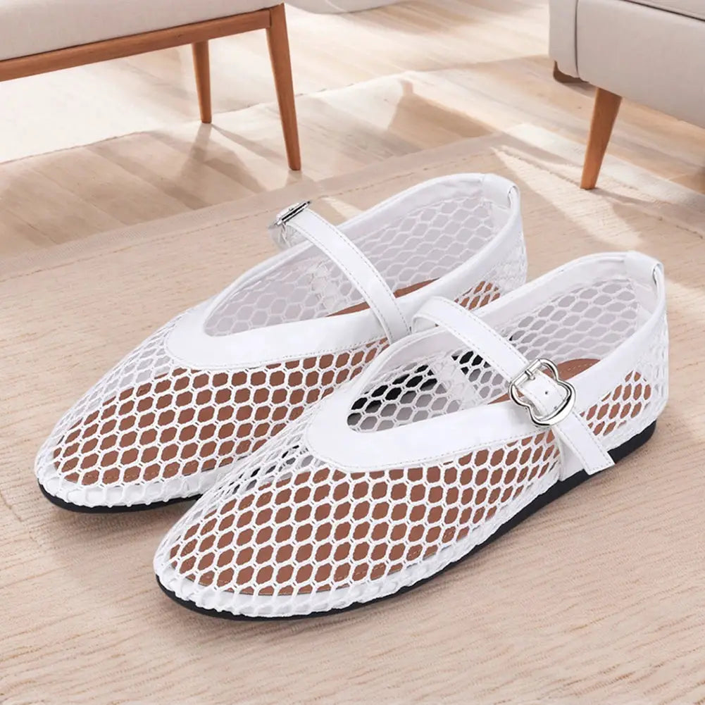 Pair of white mesh ballet flats with fishnet uppers and buckle strap, breathable slip-on for daily commuting