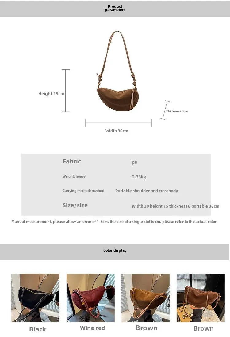 Simples Market faux suede shoulder bag for women, brown crossbody with long strap, 30cm wide x 15cm high x 8cm thick