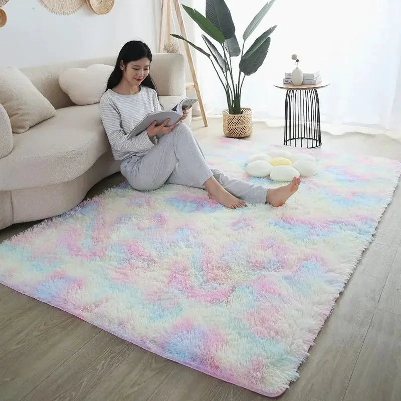 Kids rainbow fluffy shag rug by Simples Market, soft pastel color blend for living room and kids' bedroom.