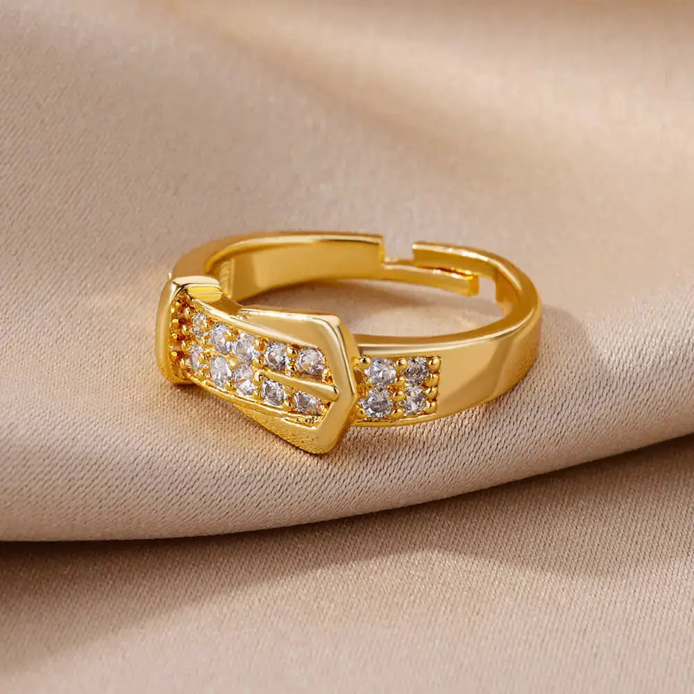 Stainless Steel Belt Ring For Women Zircon Adjustable Belt Finger Ring Geometric Wedding Aesthetic Jewelry Gift