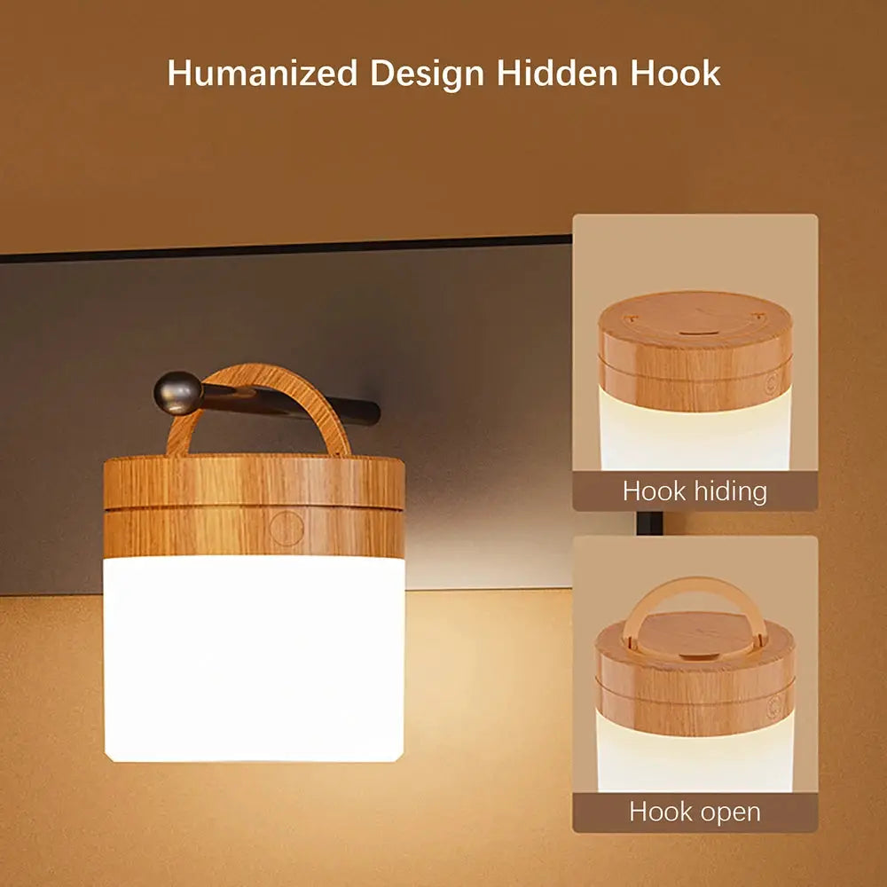 Wooden lantern RGB color-changing night lamp with frosted base and hidden hook design