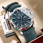 POEDAGAR men's wristwatch with blue dial, stainless steel case, leather strap, date display, 30m water resistant