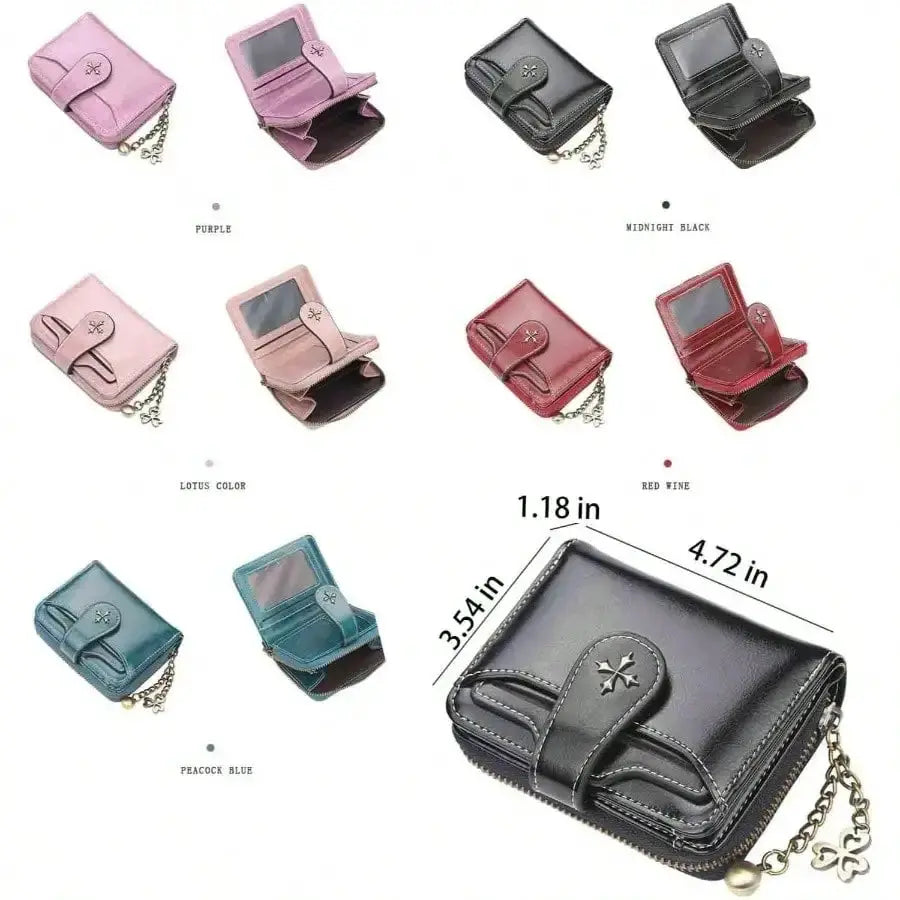 Simples Market Women's Retro Small Wallet – mini leather card holder with zipper, double-fold design; assorted colors