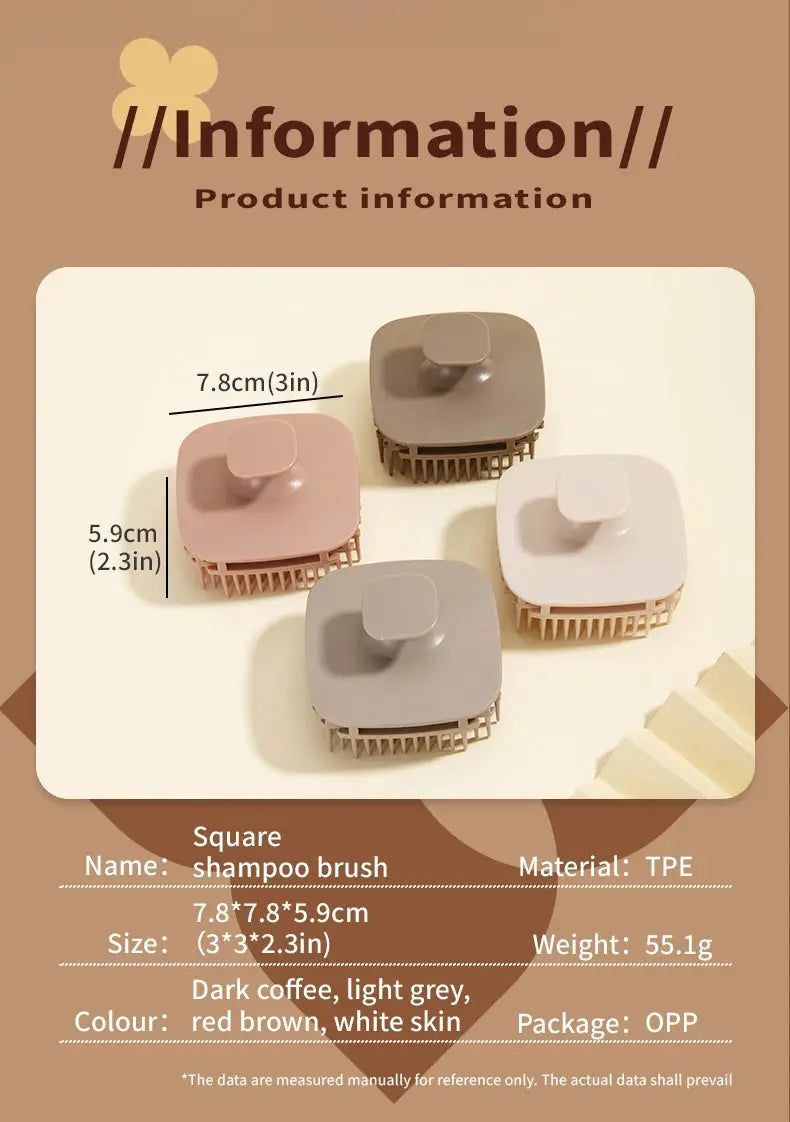 Square silicone shampoo brush head set, 4-pack in dark coffee, light grey, red brown and white skin; each 7.8x7.8x5.9 cm