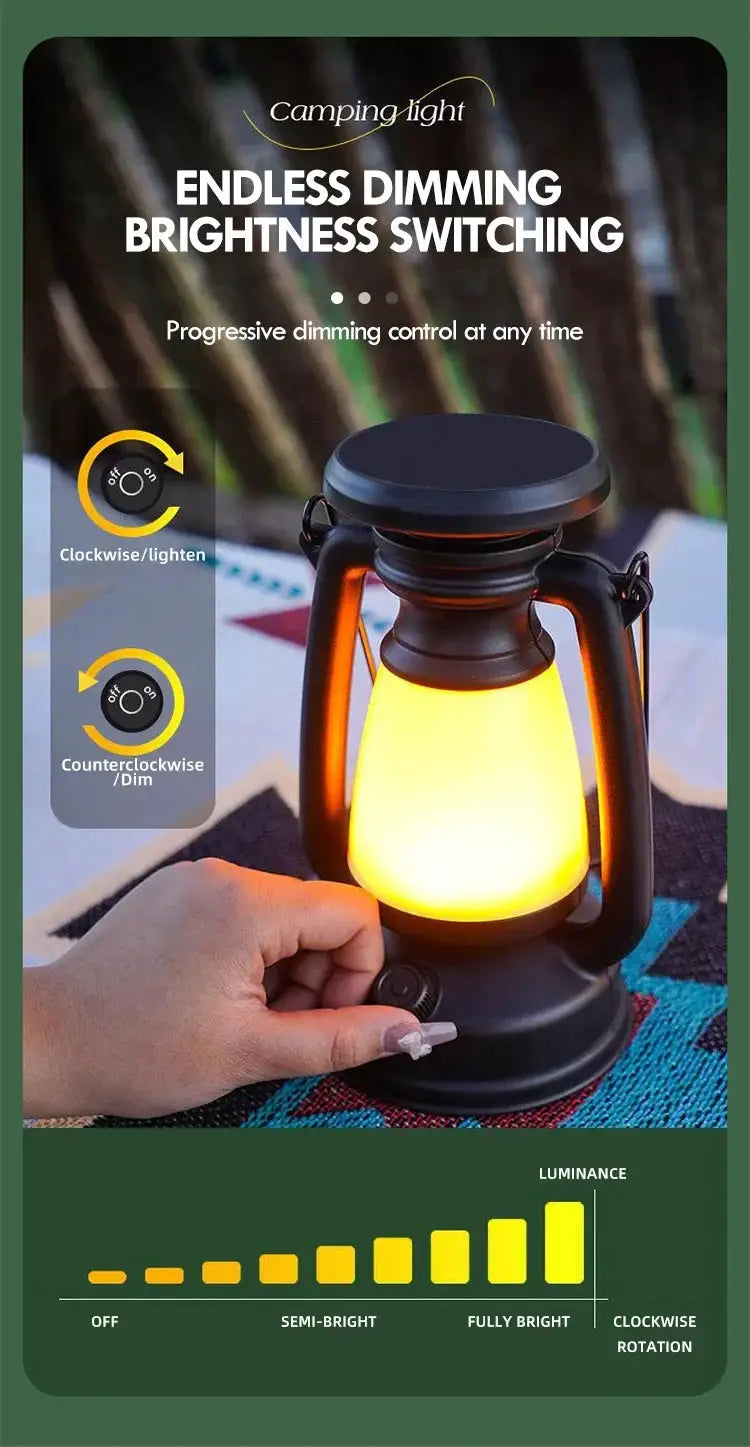 Simples Market charging lantern lamp with dimmable LED glow, black metal frame and warm yellow light for camping and home decor