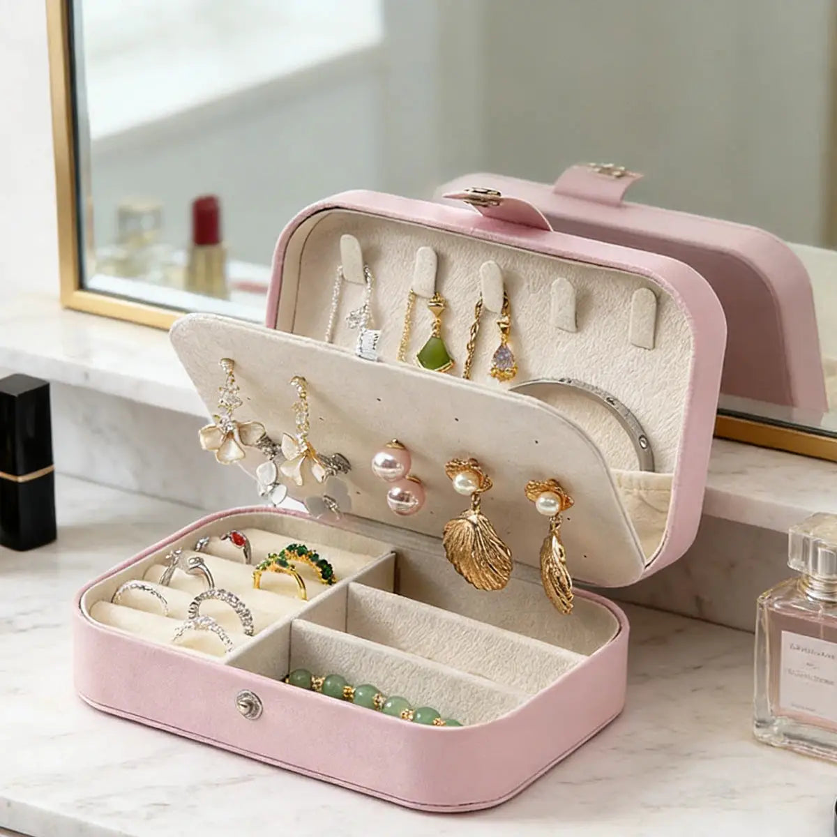 Portable MultiCompartment Jewelry Box With Velvet Lining Pink Travel Friendly Jewelry Organizer For Accessories